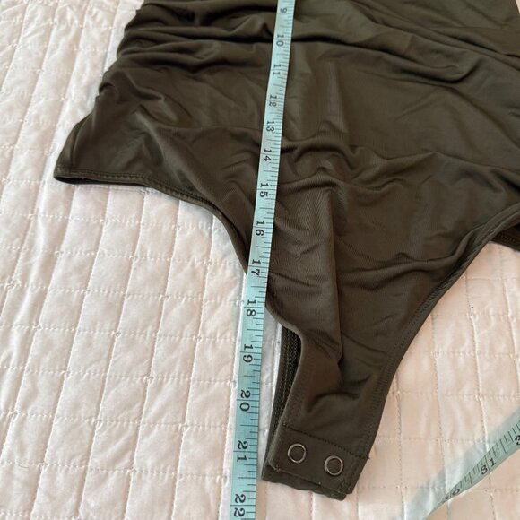 Express Body Contour Olive Off-Shoulder Ruched Bodysuit M Stretch - Picture 9 of 9